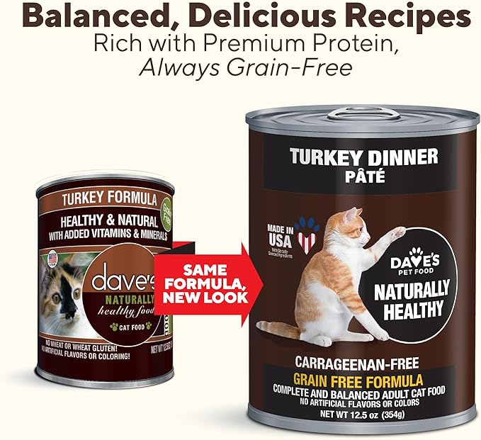 Dave's Pet Food Grain Free Wet Canned Cat Food (Turkey), Made in USA Naturally Healthy, Added Vitamins & Minerals, Gluten-Free, 12.5 oz Cans (12 Pack)-PawvioPets