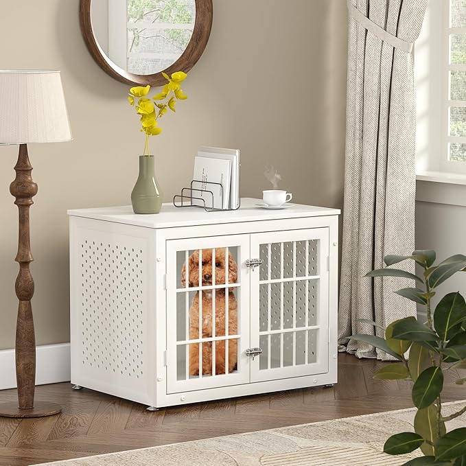32" Heavy Duty Dog Crate Furniture for Small and Medium Dogs, Metal Kennel for High Anxiety Dogs, Chew Proof Pet Cage Indoor, Decorative Dog Kennel End Table, White-PawvioPets