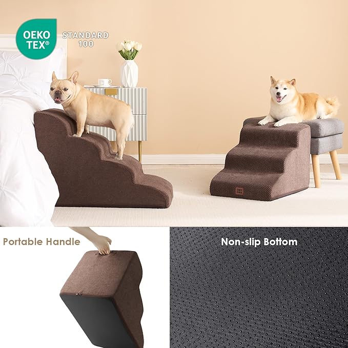 EHEYCIGA Curved Dog Stairs Ramp for Small Dogs 15.7" H, 3-Step Dog Steps for Couch Sofa and Chair, Pet Stairs for Cats, Non-Slip Balanced Pet Steps Indoor, Brown-PawvioPets