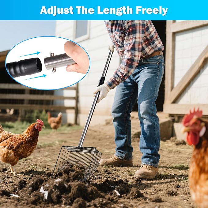 10inch Large Metal Chicken Poop Scooper,32 to 67" Adjustable Long Chicken Coop Litter Scoop,Heavy Duty Sifting Shovel for Chicken Coop & Pet Waste Cleaning-PawvioPets