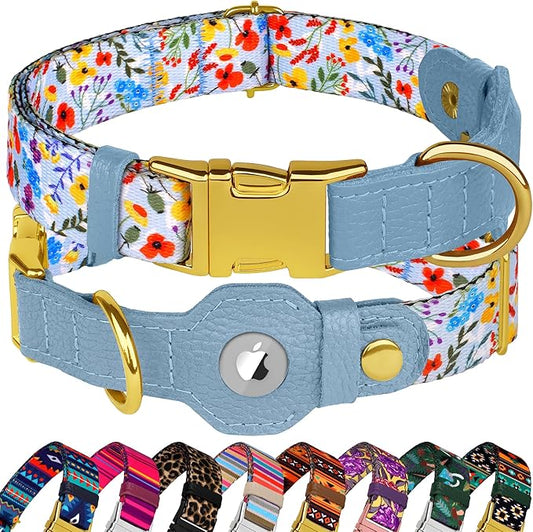 AirTag Dog Collar for Small Medium Large Breed - Adjustable Cute Pattern Dog Collar with Airtag Holder - Soft Leather Tracker GPS Apple Air Tag Pet Collars (Large, 17"-21" Neck Fit, Floral)-PawvioPets