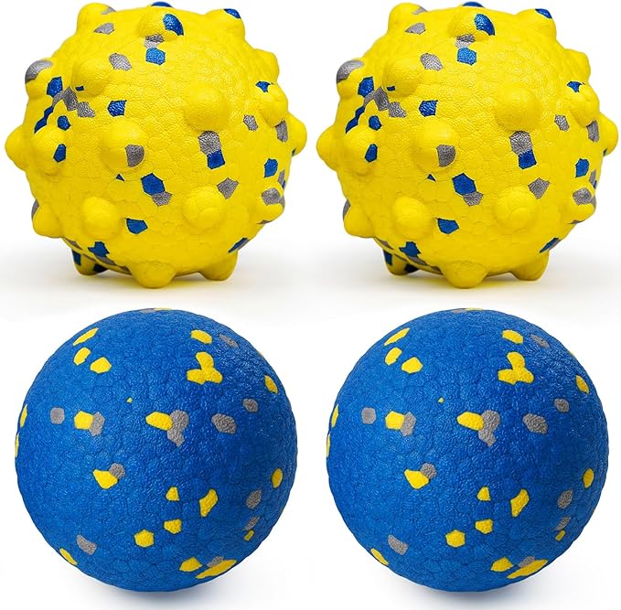Dog Tennis Balls for Aggressive Chewers, Indestructible Durable Bouncy Interactive Toy for Dogs Fetch Game Lightweight Floating Outdoor Training(2 Yellow Point+ 2 Blue Circle Large)-PawvioPets