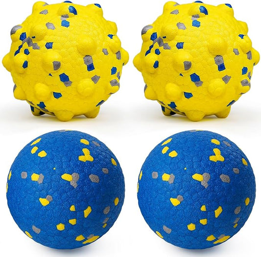 Dog Tennis Balls for Aggressive Chewers, Indestructible Durable Bouncy Interactive Toy for Dogs Fetch Game Lightweight Floating Outdoor Training(2 Yellow Point+ 2 Blue Circle Large)-PawvioPets