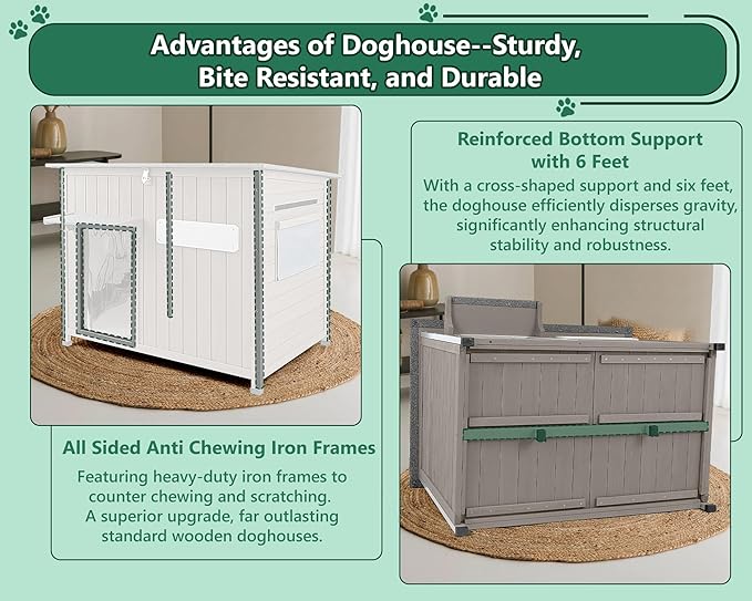 43.3" L Large Outdoor Dog House Weatherproof Doghouse for Medium to Large Dogs with Anti Bite Frames Wooden Dog Kennel with Window,8 Elevated Feet,Reinforced Bottom for Pet Up to 180 LBS-PawvioPets