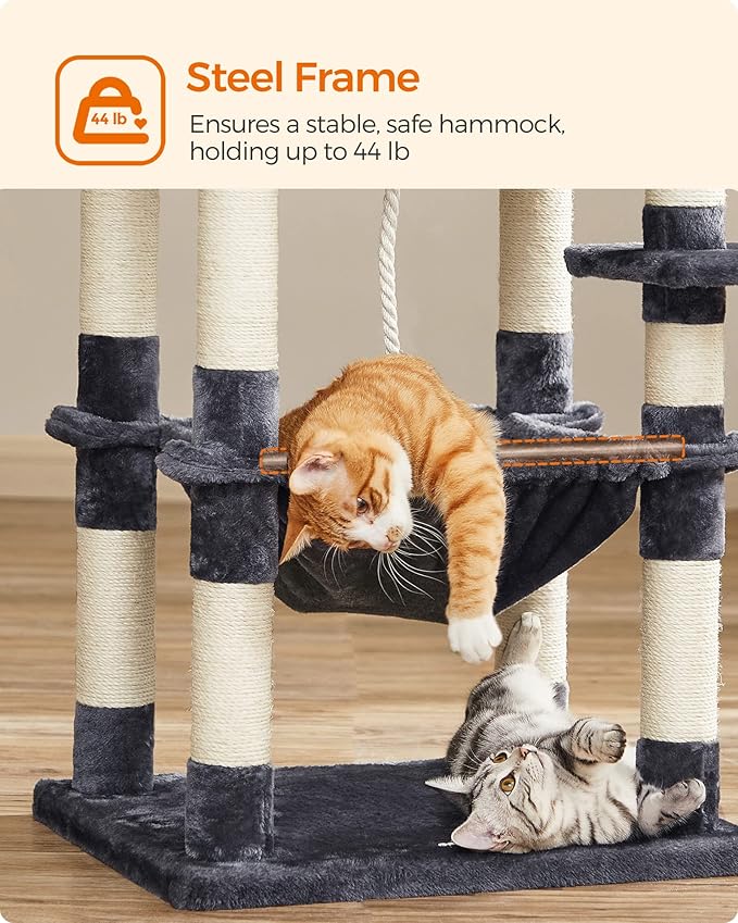 FEANDREA Cat Tree, Cat Tower for Indoor Cats, 56.3-Inch Cat Condo with Scratching Posts, Hammock, Plush Perch, Smoky Gray UPCT15GYZ-PawvioPets