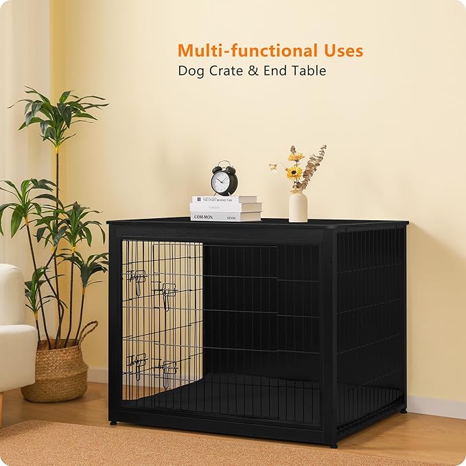 DWANTON Dog Crate Furniture with Cushion, Wooden Kennel Table with Double Doors, Indoor Dog House, Extra Large Size, 43.3" L, Black-PawvioPets