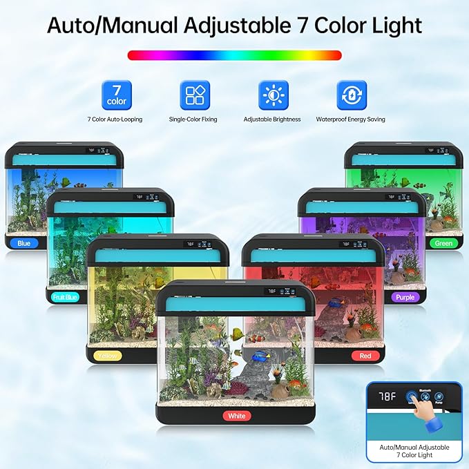 Fish Tank Aquarium 6.3 Gallon Fish Bowl with Music Humidifier 7 Color Auto-Looping Light Adjustable Quiet Pump, Temperature Display, Bottom Water Changer, HD Float Glass, Leak-Proof Thickened Base-PawvioPets
