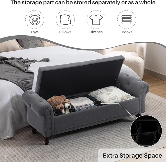 58.1'' Storage Bench Upholstered Linen End of Bedroom Bed Bench Ottoman with Tufted Cushioned Rolled Arm Large Storage Space for Reading Living Room Entryway, Grey-PawvioPets