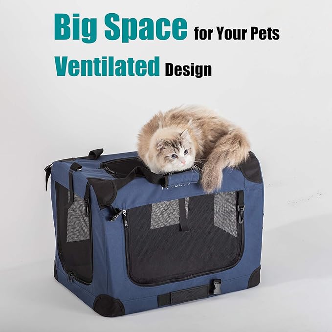 Extra Large Cat Carrier Soft Sided, Portable Small Dog Carrier for 2 Cats, 24"x16.5"x16" Car Travel Folding Comfortable Design with Bowl, Blue-PawvioPets