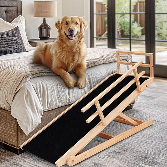 Dog Ramp, 5 Level Adjustable Height Folding Pet Ramp for High Bed, Portable Paw Ramps Large Bed Ramp for Medium & Large Old Dogs & Cats - Natural Wood Furniture Quality-PawvioPets