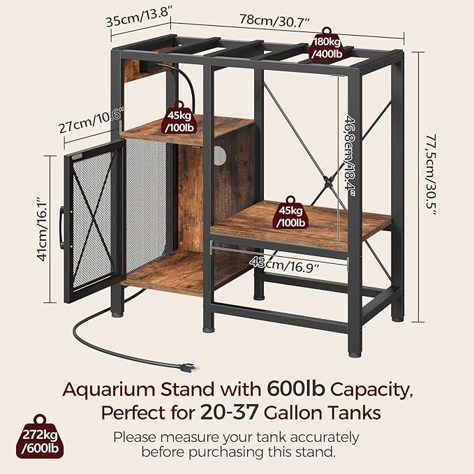 20-37 Gallon Fish Tank Stand, Aquarium Stand with Power Outlet and Storage Cabinet, Heavy Duty Tank Stand Suitable for Turtle Tank, Reptile Terrarium, for Home Office, Rustic Brown FTHR40E01-PawvioPets