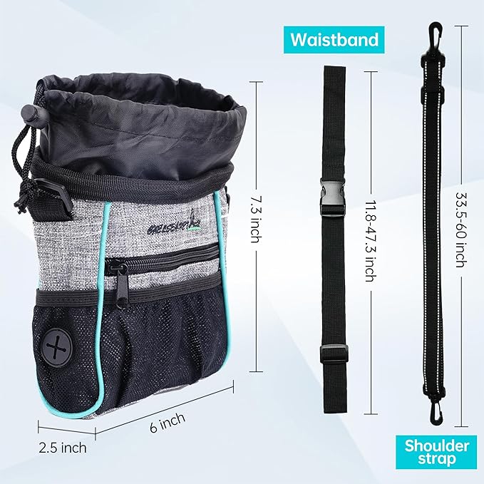 Dog Treat Pouches Training Walking Bag with Shoulder Strap, Large Space for Pets Food, Polyester Fabric, 3-Way Wearing Design, Portable Pet Bagand Easy to Clean, Black with Grey-PawvioPets