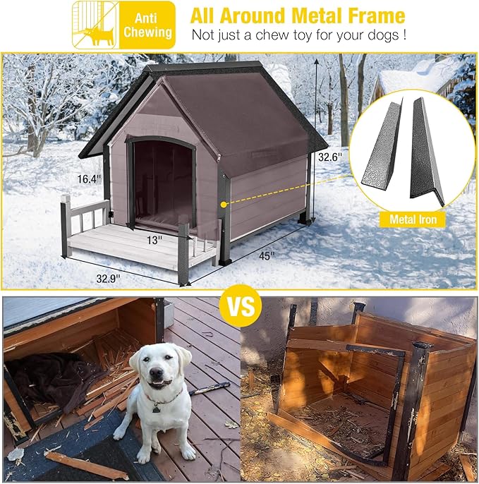 Aivituvin Dog House Outdoor With Metal Frame, Insulated Dog Kennel Outside for Small To Medium Breed, 45" Weatherproof Large Dog Shelter with Anti-Chewing Iron Frame, White (45" D x 32.9" W x 32.6" H)-PawvioPets