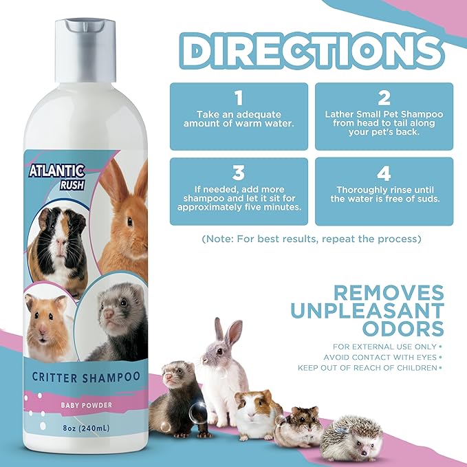 Critter Shampoo for Small Pets - 8oz Small Animal Baby Powder Scented Shampoo - Pet Shampoo for Small Critters Including Ferrets, Guinea Pigs, Rabbits, Hedgehogs, Hamsters & Sugar Gliders-PawvioPets
