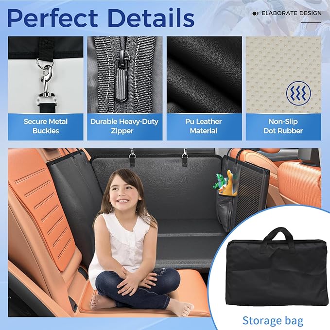 Back Seat Extender for Dogs,Hard Bottom Car Seat Cover,100% Waterproof 600D Heavy Durable Scratchproof Leather Car Dog Cover Back Seat,Non Slip Easy Clean Car Seat Protector,with Storage Bag-PawvioPets