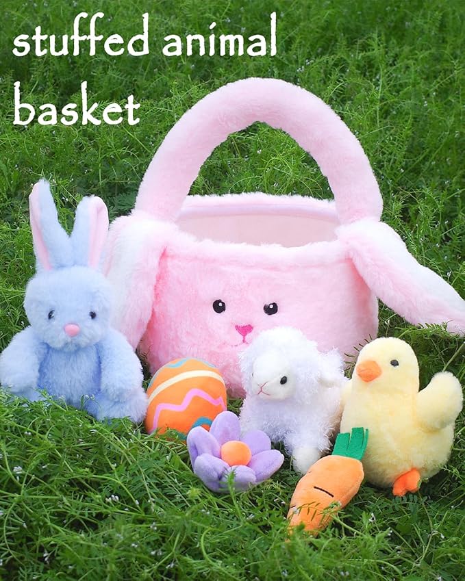 7 Piece Plush Stuffed Animals Playset Toys with Rabbit, Chick, Lamb, Carrot, Egg, Flower, Furry Bag, Soft Basket Set Toys for Girls Kids Ages 3+, Birthday Christmas Valentines Easter Party Favors-PawvioPets
