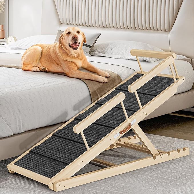 Dog Ramp for Couch, Bed or Car, Wooden 55" Long Pet Stairs for Small & Large Old Dogs & Cats, Hold up to 250lb, 6 Adjustable Height from 19.68" to 27.55" Portable Doggie Steps, Excellent Traction-PawvioPets
