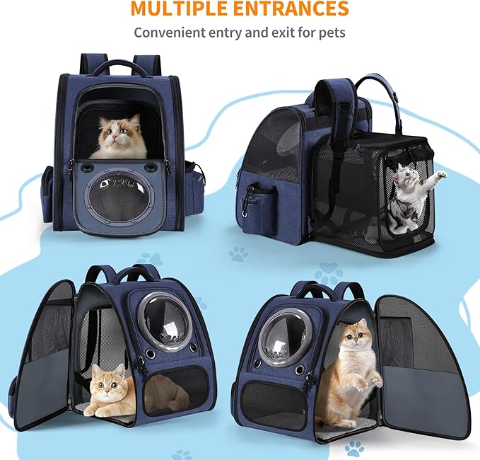 Extension Cat Carrier Backpack with Transparent Bubble Window,Dogs Backpack Carrier with Breathable Mesh Travel Bag, Portable Space Capsule Design with Foldable for Pets (Blue)-PawvioPets