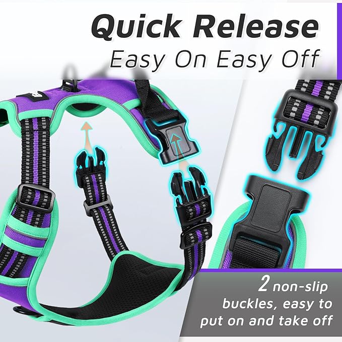 Eagloo Dog Harness for Large Dogs, No Pull Service Vest with Reflective Strips and Control Handle, Adjustable and Comfortable for Walking, No Choke Pet Harness with 2 Metal Rings, Purple & Green, L-PawvioPets