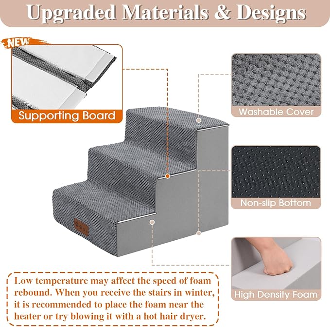 GGIB Dog Stairs for Small Dogs Cats Non-Slip Dog Steps for High Bed Pet Stairs for Sofa Couch Pet Ramp Pet Steps with Removable Washable Cover, Grey, 13" H, 3-Step-PawvioPets