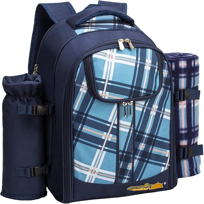 Apollo Walker Picnic Backpack Bag for 2 Person with Cooler Compartment, Detachable Bottle/Wine Holder, Fleece Blanket, Plates and Cutlery (Blue)-PawvioPets