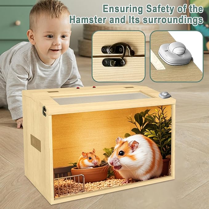 24" Hamster Cage, Top Opening Lockable Roof Door Gerbil Cage, Dwarf Hamster Cage with Hygrometer, Mice and Small Animal Habitat, Chewproof Syrian Hamster Enclosure, (Wooden, 24" L x 16" W x 16" H)-PawvioPets