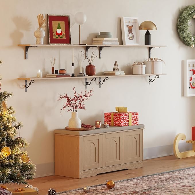 DINZI LVJ Shoe Bench, Entryway Storage Bench with Doors, Cushion, 2-Tier Shoe Rack with 6-Cubby, 39.4”L x 13.8”W Shoe Organizer Cabinet, Adjustable Shelf, Living Room, Bedroom, Natural-PawvioPets