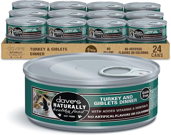 Dave's Pet Food Grain Free Wet Cat Food Gravy (Turkey & Giblets Dinner in Gravy), Made in USA Naturally Healthy Canned, Added Vitamins & Minerals, 5.5 oz Cans (24 Pack)-PawvioPets