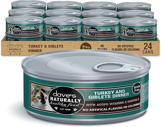 Dave's Pet Food Grain Free Wet Cat Food Gravy (Turkey & Giblets Dinner in Gravy), Made in USA Naturally Healthy Canned, Added Vitamins & Minerals, 5.5 oz Cans (24 Pack)-PawvioPets