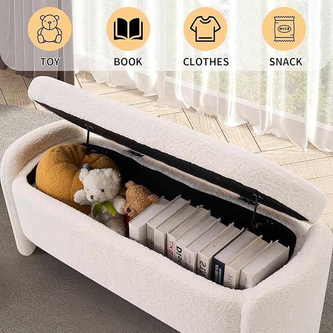 47.6 Inch Lamb Fleece Oval Storage Bench Upholstered Ottoman Bench with Storage, Bedroom Bench with Large Storage Space, for Bedroom Living Room Entryway, Beige-PawvioPets