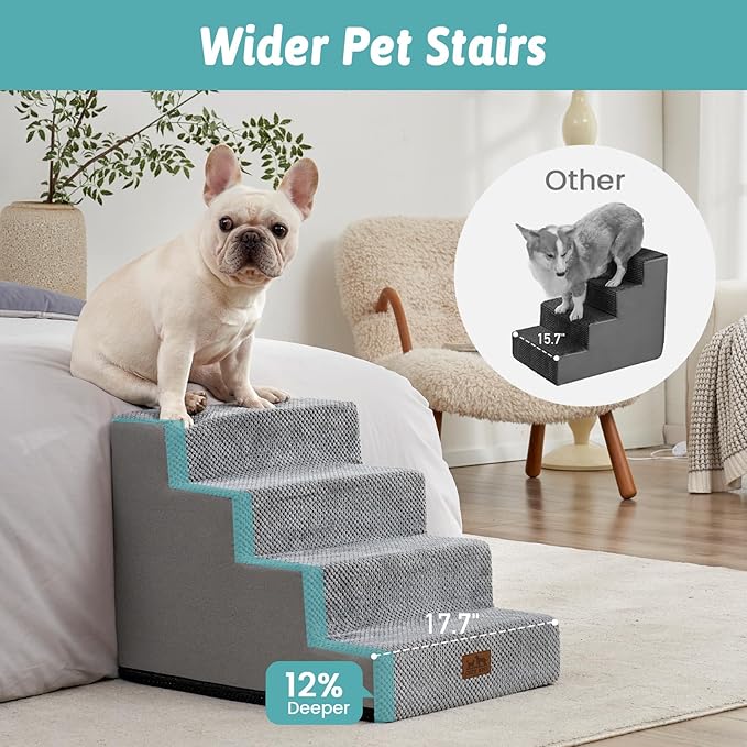 Dog Stairs for Small Dogs, 4 Tier Wider Pet Stairs for Couch and Beds, 17.7" H Non-Slip Dog Steps for Old Cats, Puppy, Small Medium Dogs, 17.7x23.6x17.7 inch, Grey-PawvioPets