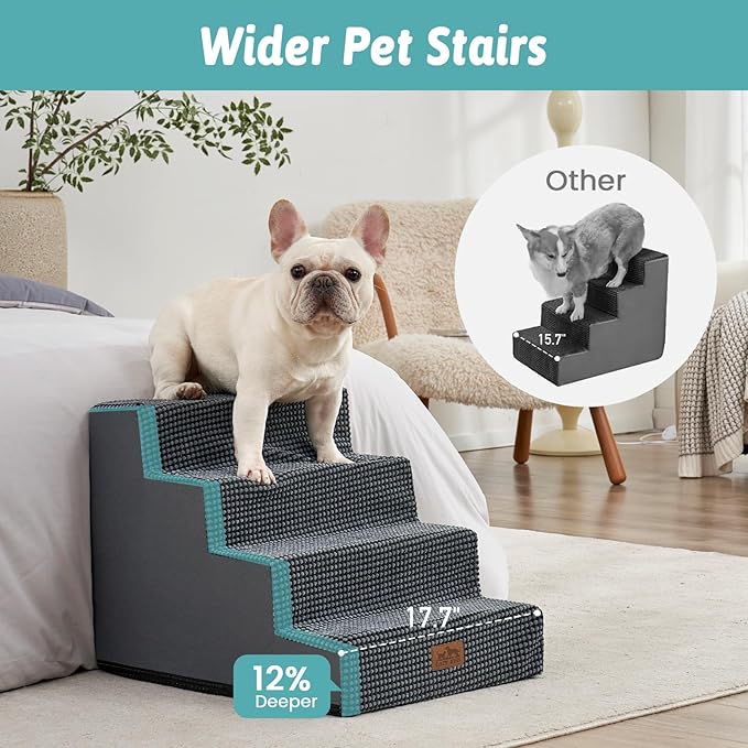 Dog Stairs for Small Dogs, 4 Tier Wider Pet Stairs for Couch and Beds, 17.7" H Non-Slip Dog Steps for Old Cats, Puppy, Small Medium Dogs, 17.7x23.6x17.7 inch, Dark Grey-PawvioPets