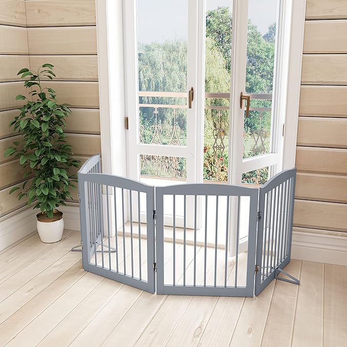 Freestanding Pet Gate - Foldable Wooden Dog Gate for House, Indoor, 80 Inch Wide, 4 Panels 24", Grey-PawvioPets