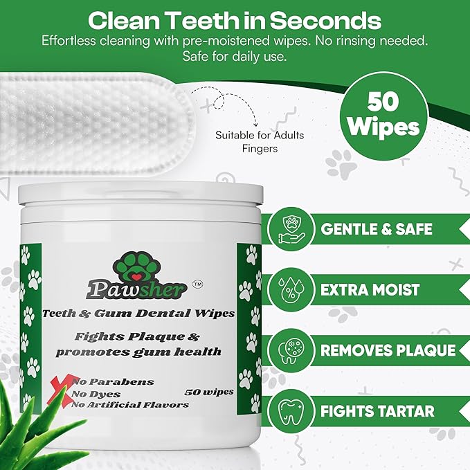 Dog Teeth Cleaning Wipes, Fights Plaque, Freshens Breath & Promotes Gum Health, No-Rinse Finger Toothbrush, Gentle & Naturally Safe, Completes Your Dog Tooth Brushing Kit, 50 Count-PawvioPets