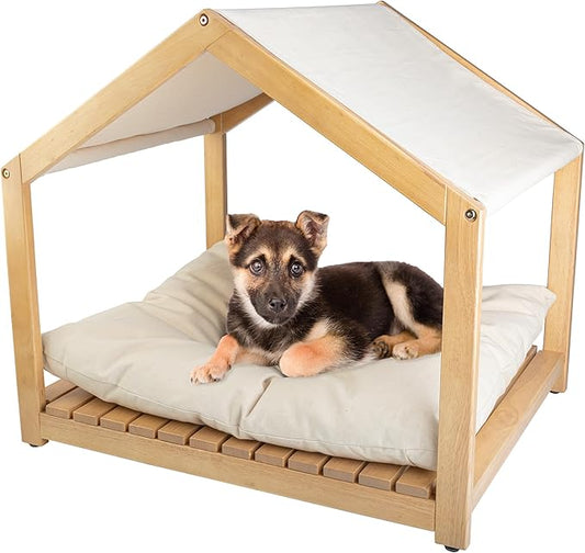 Dog House - 30x24-Inch Indoor Dog House with Soft Cushion and Adjustable Canopy - Wood Dog Furniture for Small to Medium Pets up to 70lbs by PETMAKER-PawvioPets