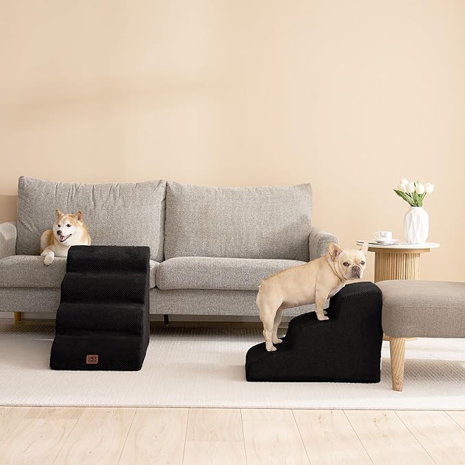 EHEYCIGA Curved Dog Stairs Ramp for High Beds 19.7" H, 4-Step Dog Steps for Small Dogs and Cats, Pet Stairs for High Bed Climbing, Non-Slip Balanced Pet Step Indoor, Black-PawvioPets