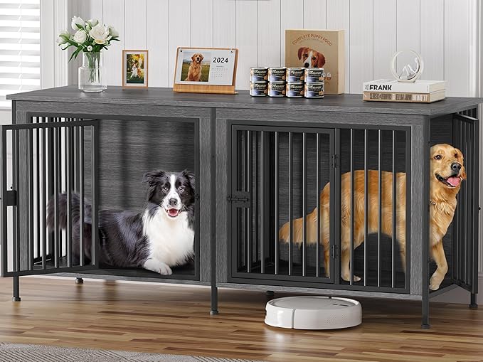 EasyCom 78 Inch Dog Cage Furniture for 2 Pets with Divider, XXL Wooden Double Dog Crate Furniture TV Stand for Mideum and Large Breed, Durable and Sturdy-PawvioPets