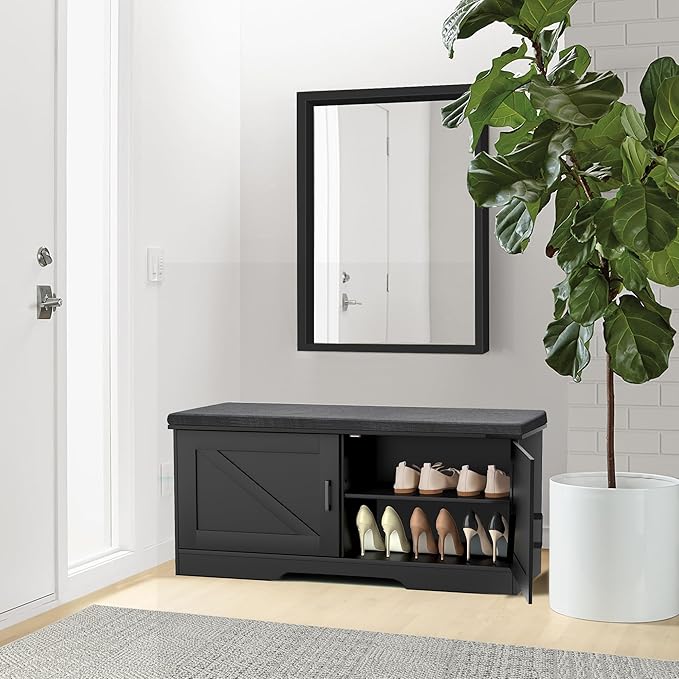 2-Tier Storage Bench, Shoe Bench with Padded Seat Cushion, Entryway Bench with 2 Barn Doors, Adjustable Shelf, 13.8" D x 39.4" W x 17.7" H, for Entryway, Living Room, Bedroom, Black-PawvioPets