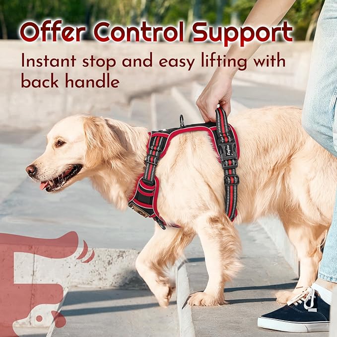 Eagloo Dog Harness for Large Dogs, Easy Wearing with 3 Buckles, Adjustable No Pull Pet Harness with 2 Rings for Walking, No Chock Reflective Soft Padded Vest with Control Handle, Black & Red, L-PawvioPets