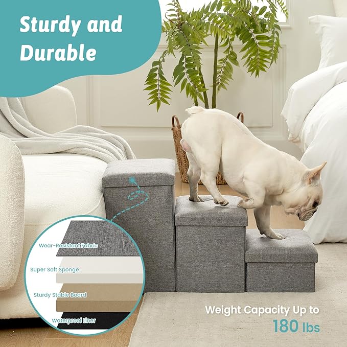 Dog Stairs with Storage, 4-Step Wider Sturdy Dog Steps for Small/Medium/Large Dogs and Older Cats, Folding Doggie Ramp for Bed/Couch/Car Hold Up to 180 lbs (22" H, Grey)-PawvioPets