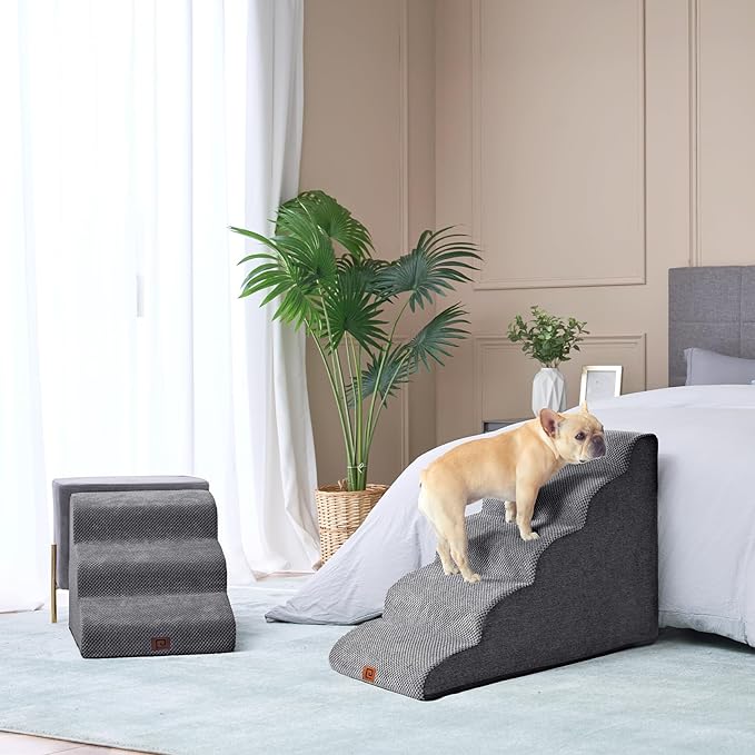 EHEYCIGA Curved Dog Stairs Ramp for High Beds 22.6" H, 5-Step Dog Steps for Small Dogs and Cats, Pet Stairs for High Bed Climbing, Non-Slip Balanced Pet Step Indoor, Grey-PawvioPets