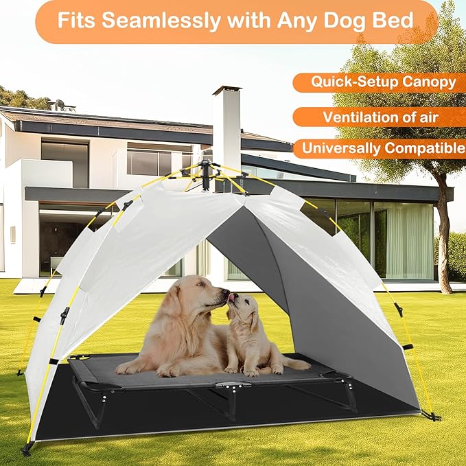 Canopy Shade Tent for Large XL XXL Jumbo Elevated Raised Dog Bed Cots, Quick Setup & No Assembly Needed, Outside Outdoor Cooling Camping Pet Sun Umbrella, Gray 70"X55" (Cots Not Included)-PawvioPets