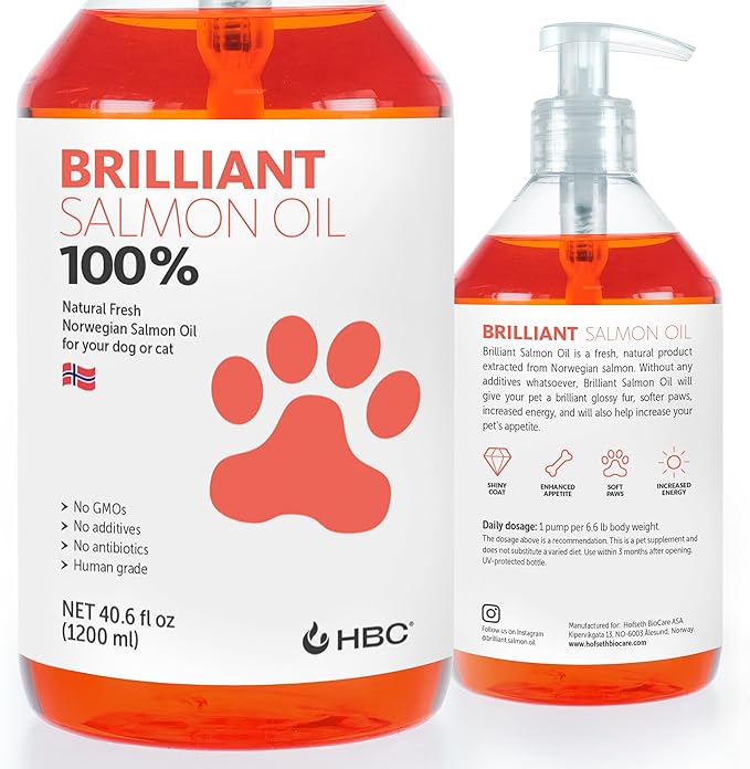 Brilliant Omega 3 Salmon Oil for Dogs & Cats - Norwegian Fish Oil Supplement with EPA & DHA Fatty Acids for Shedding, Allergy, Itching, Dry Skin & Joint Health - Skin and Coat Fish Oil Liquid, 40 Oz-PawvioPets