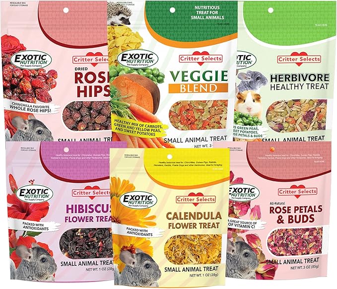 Exotic Nutrition Herbivore Treats 6 Pack - Healthy Assortment Small Animal Pet Treat - Squirrels, Guinea Pigs, Rabbits, Chinchillas, Prairie Dogs, Degus, Hamsters, Gerbils, Herbivores-PawvioPets
