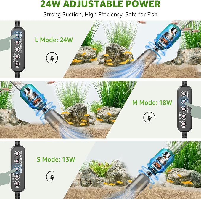 Electric Aquarium Vacuum Gravel Cleaner: 24W Fish Tank Vacuum Gravel Cleaner with Strong Suction for Automatic Water Change Algae Remover Sand Wash Water Shower and Water Circulation, Timed Off-PawvioPets