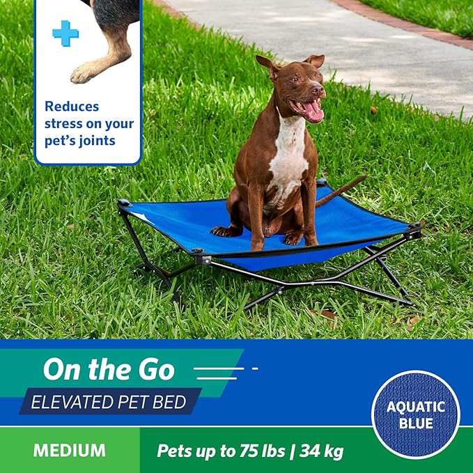 Coolaroo On-The-Go Elevated Dog Bed - Foldable Pop-Up Travel Dog Bed with Breathable, Moisture-Resistant Fabric, Carry Bag Included, Lightweight & Portable, Aquatic Blue, Medium-PawvioPets