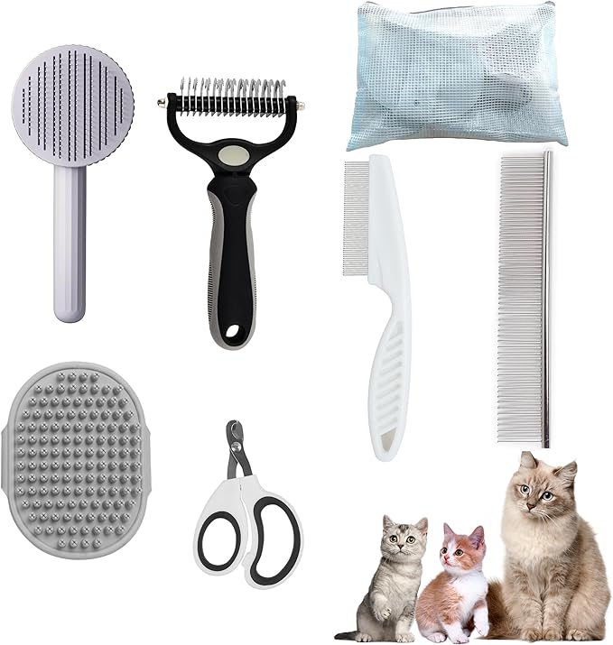 Cat Grooming Brush Kit 6 Tools - Deshedding & Dematting for Long/Short Hair, Self-Cleaning Slicker Brush with 6-in-1 Flea Comb for Cats & Kittens (White)-PawvioPets