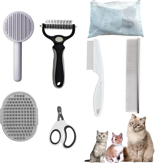 Cat Grooming Brush Kit 6 Tools - Deshedding & Dematting for Long/Short Hair, Self-Cleaning Slicker Brush with 6-in-1 Flea Comb for Cats & Kittens (White)-PawvioPets