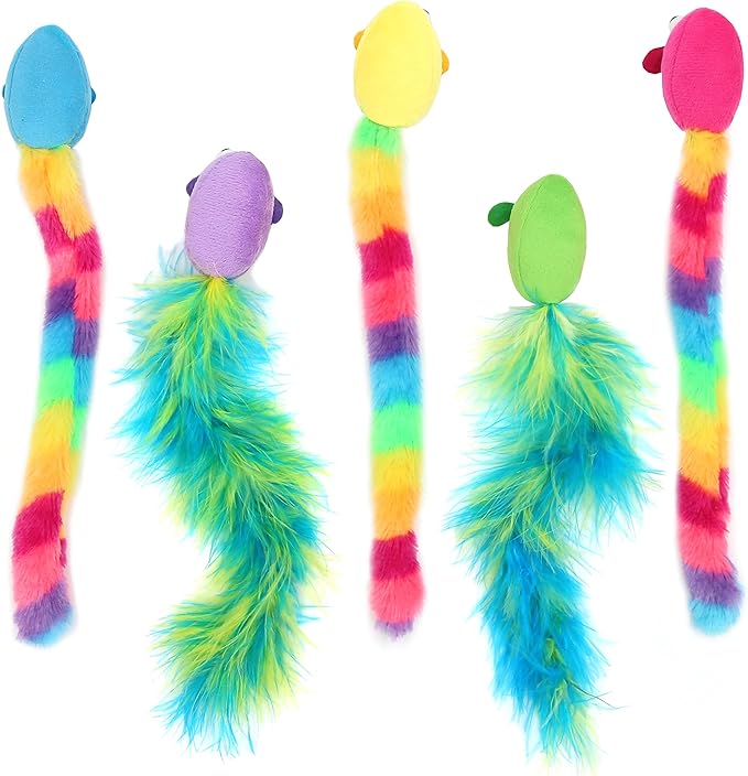 5 Pack Interactive Catnip and Feather Cat Toys, Multi-Colored Mice with Long Feather Tail, Accessories for Indoor Cat, Catnip Plush Toys with Natural Feathers and Rattles-PawvioPets