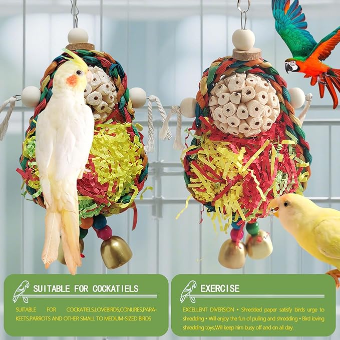 Bird Hoop Swing and Parakeet Toys,Natural Sola Balls and Shredding Hanging Toy,Birds Rope Swing,Suitable Small and Medium-Sized Parrots Toys,Birds Toy for Cockatiels,Conures,Lovebird-PawvioPets